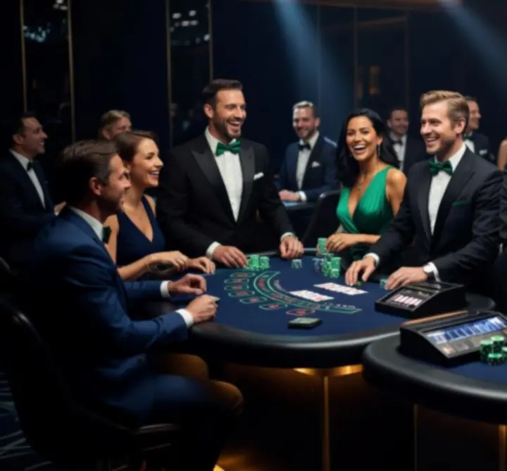 Interactive blackjack experience with dramatic lighting and guests playing