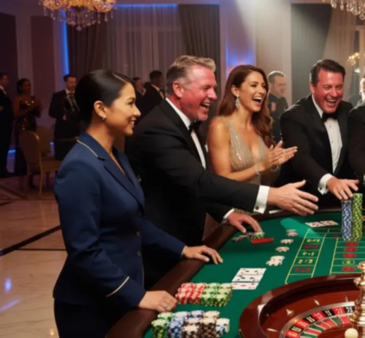 Corporate casino night with guests enjoying various gaming tables.