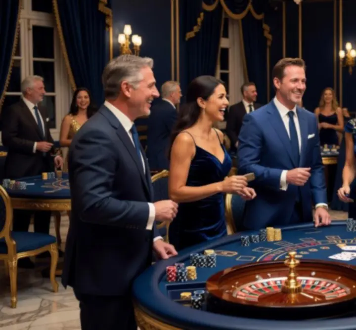 Guests celebrating around poker and roulette tables at a private event.