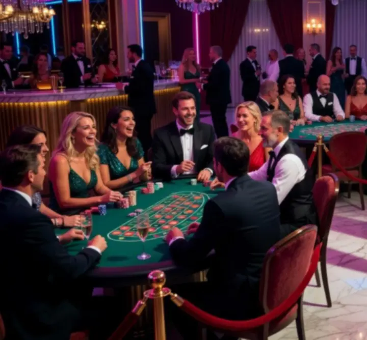 Cinematic event gallery showing elegant gaming tables and lively guests