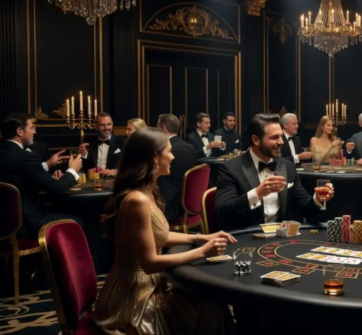 Guests enjoying a cinematic casino-style event with dramatic lighting and luxury decor