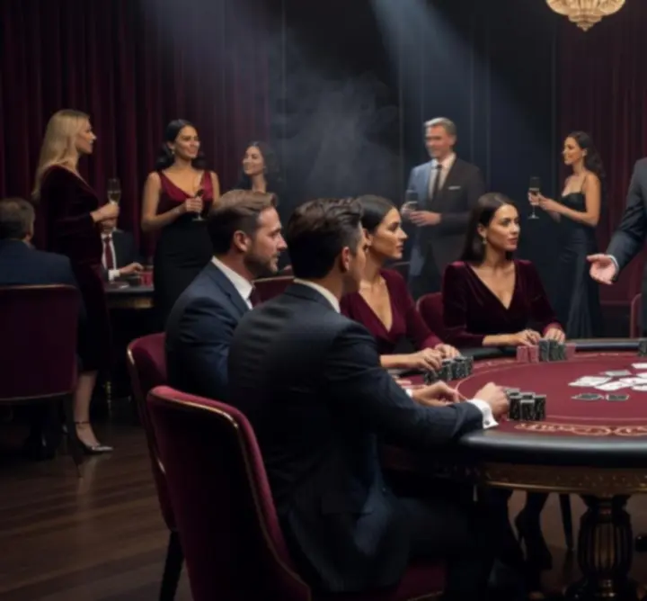 Hosts running a poker night and managing casino tables with guests enjoying the experience