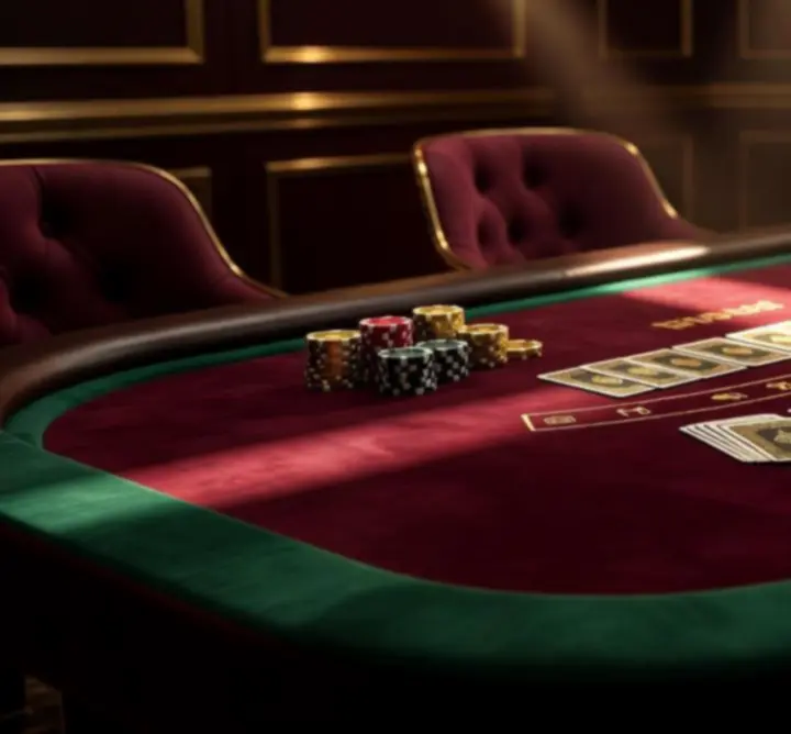 Luxurious gaming tables under cinematic lighting in a dark, stylish venue