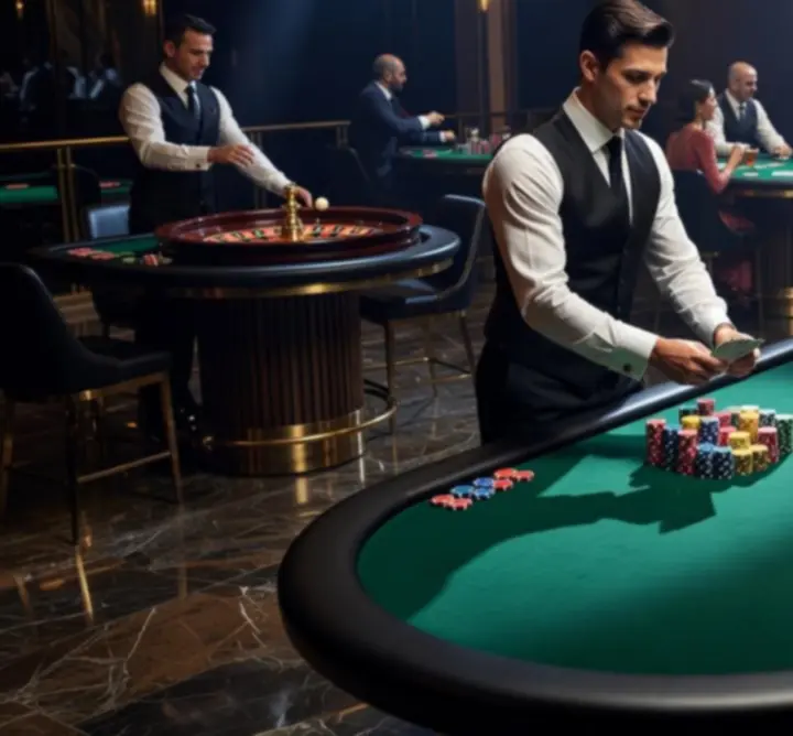Casino setup featuring poker, blackjack, and roulette tables in a luxurious environment