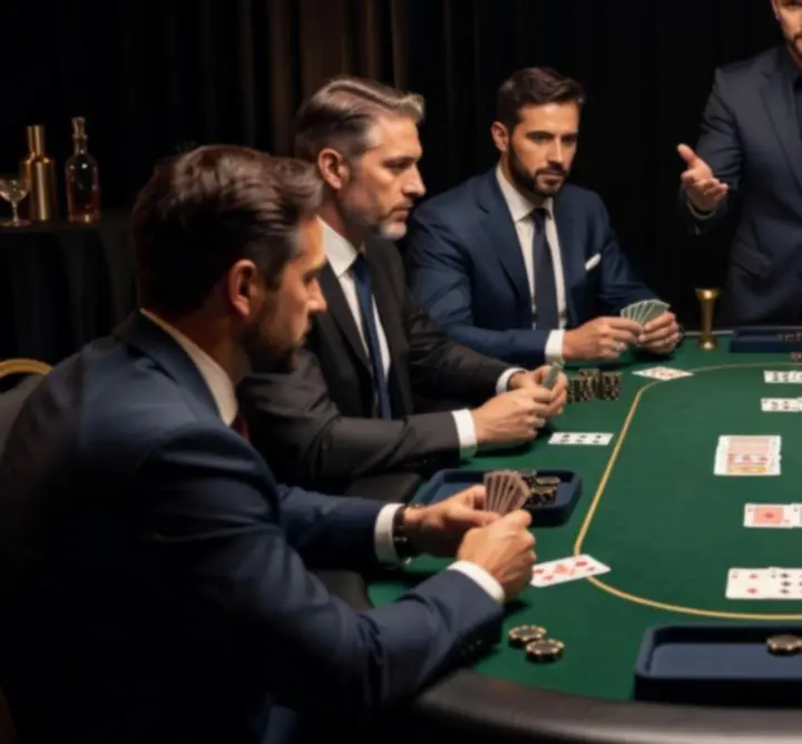Guests focused around a professional poker tournament table