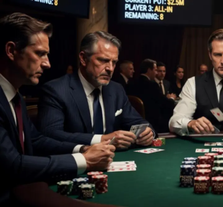 Premium poker tournament setup with elegant tables and digital leaderboard