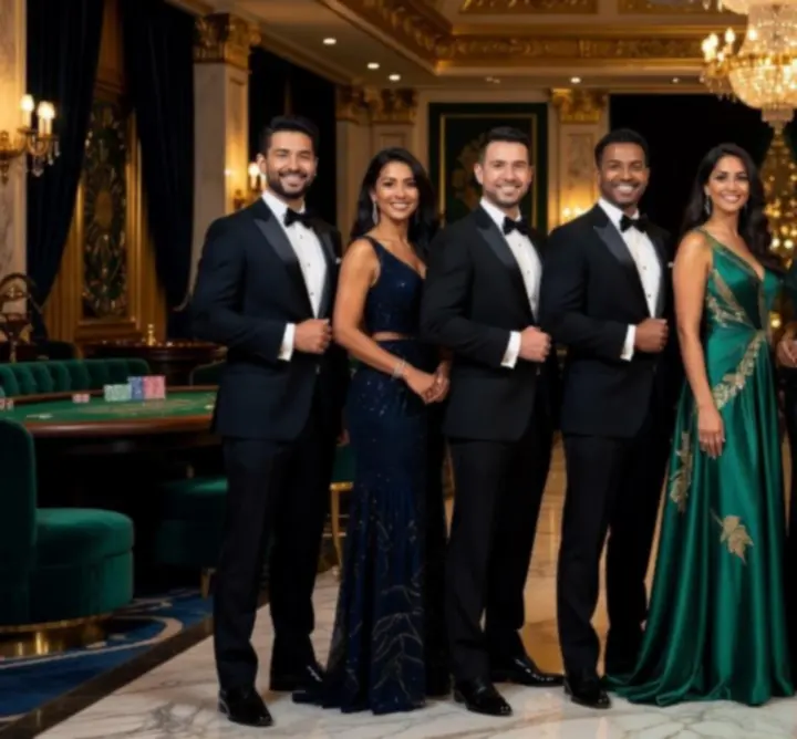 Professional casino event hosts welcoming guests at a luxury gaming night