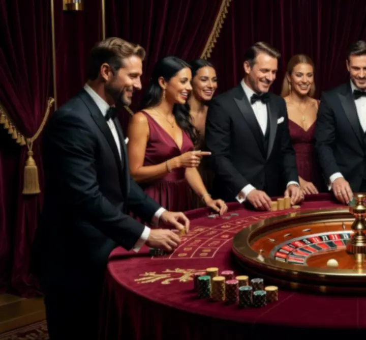 Elegant roulette table with dramatic lighting and guests enjoying the game
