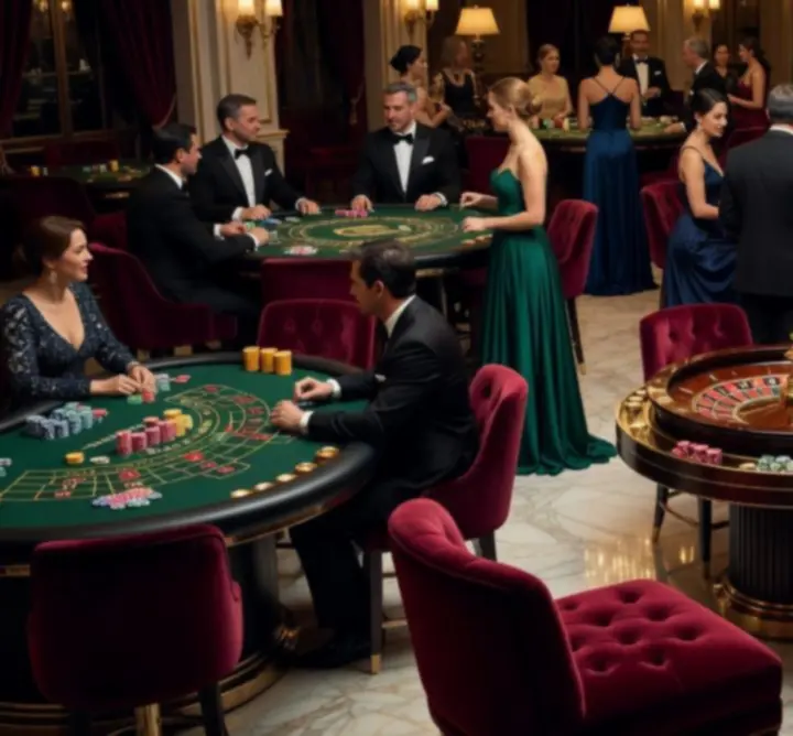 Luxurious casino night setup with professional poker and roulette tables