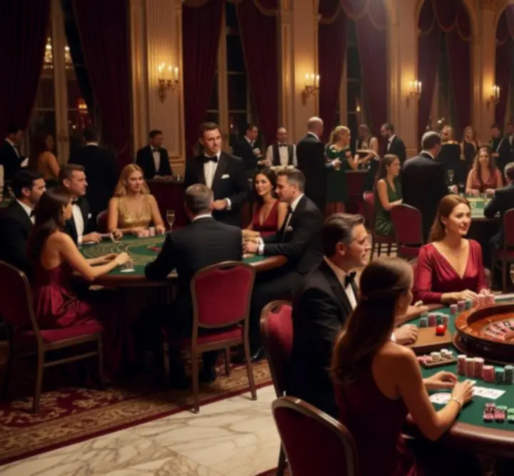 Luxurious casino-style event setup with gaming tables and dramatic lighting.