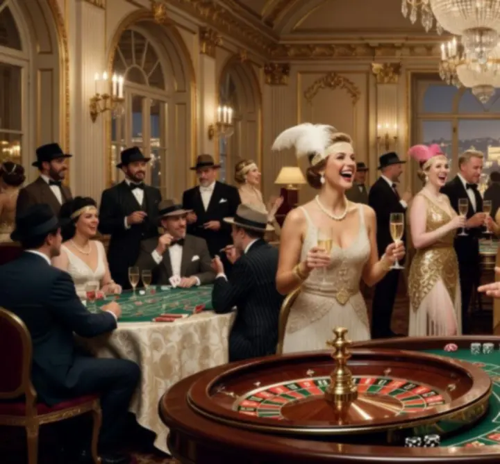 Themed casino celebration with elegant decor and dramatic lighting