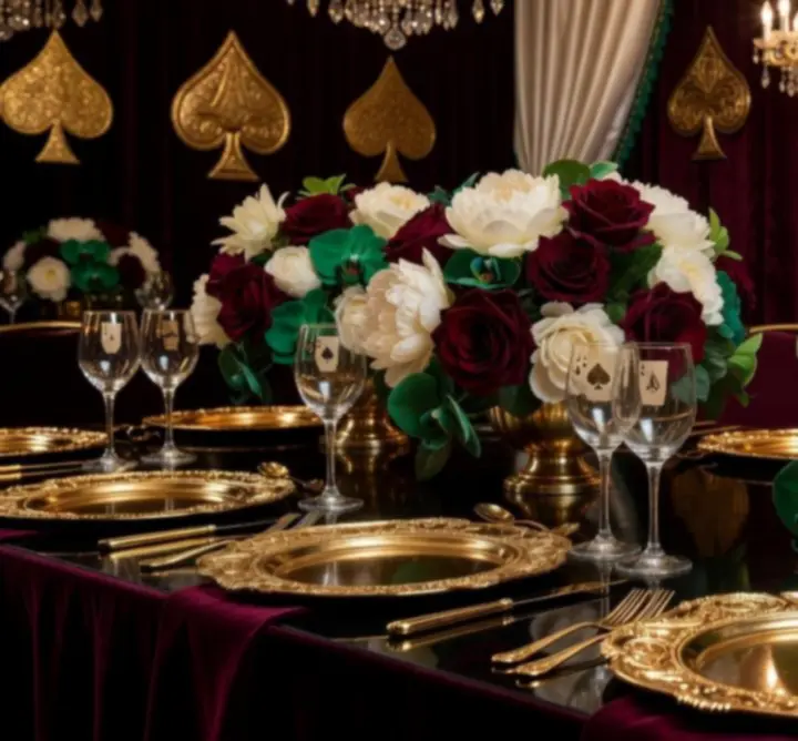 Themed casino event decorations with elegant lighting and styling details.